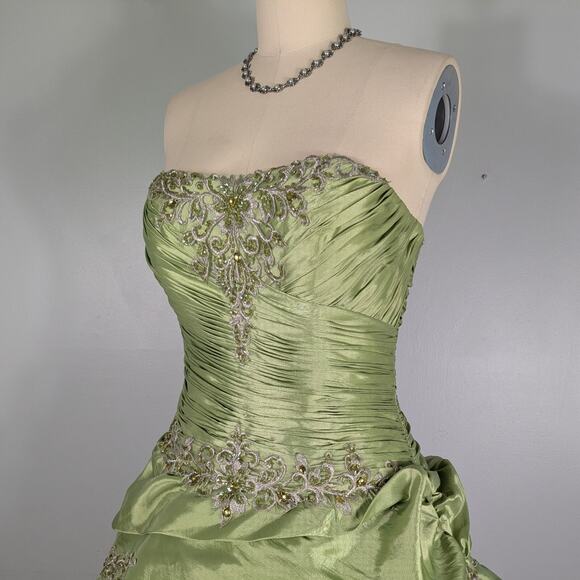 Vintage Prom Dress Ball Gown Maxi 10 Green Y2K Fairy Princess Beaded Strapless - Picture 7 of 16